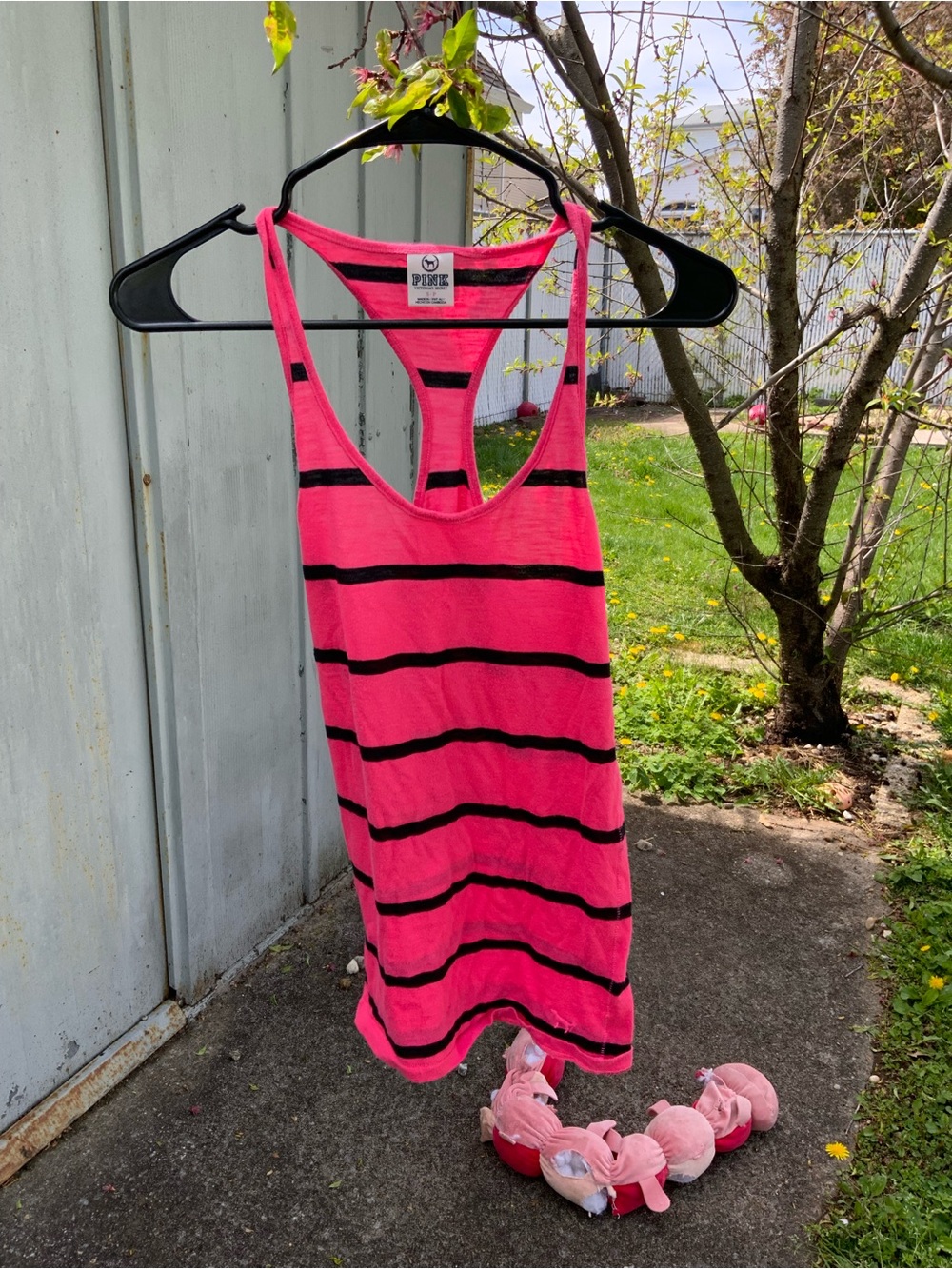 PINK Victoria's Secret Neon Pink & Black Striped Racerback Tank
